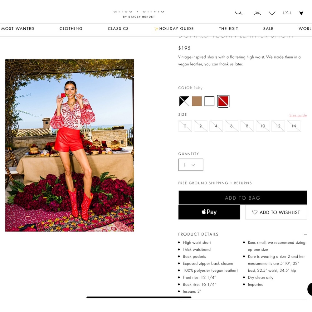 Alice + Olivia Donald Red Vegan Leather Wide Waistband Shorts - Picture 3 of 16